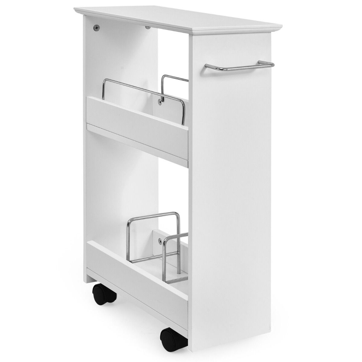 2-Tier Slim Rolling Storage Cart with Metal Dividers and Towel Bar